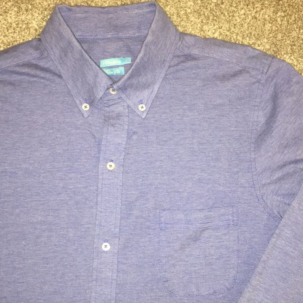 J.McLaughlin Blue Chambray soft cotton pocket button down LS shirt- L Trim fit